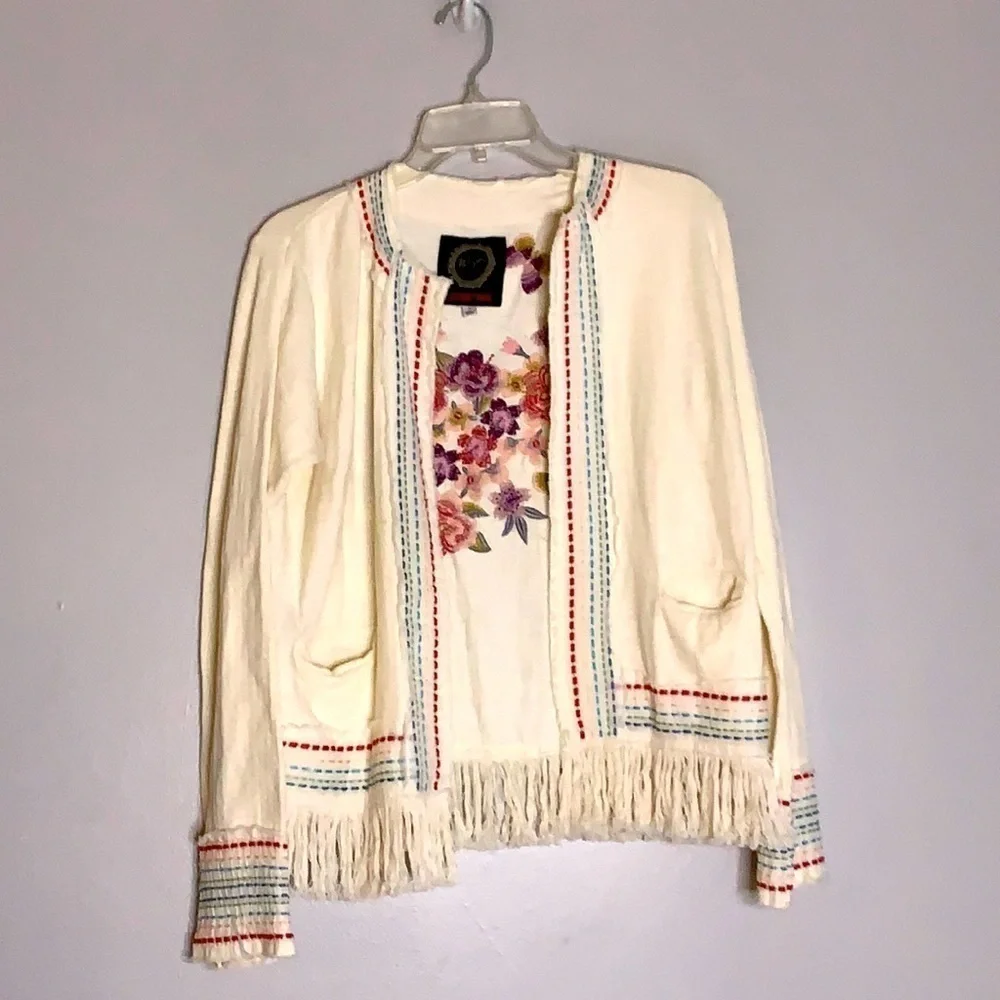 Johnny Was bohemian Embroidered fringe jacket ivory small women’s festival top - Picture 7 of 7